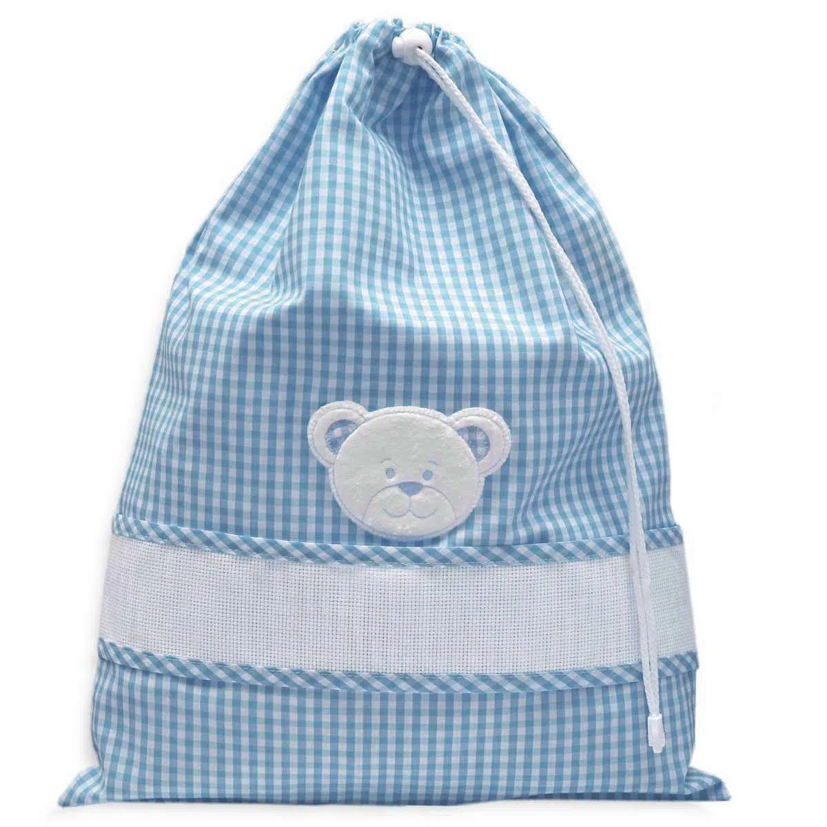 Set asilo da ricamare a punto croce, tre pezzi, sacchetto salvietta e bavaglia, Coordinato asilo in spugna bianca con tela aida, punto croce, fantasia quadretto con viso di orsetto (274 Azzurro)