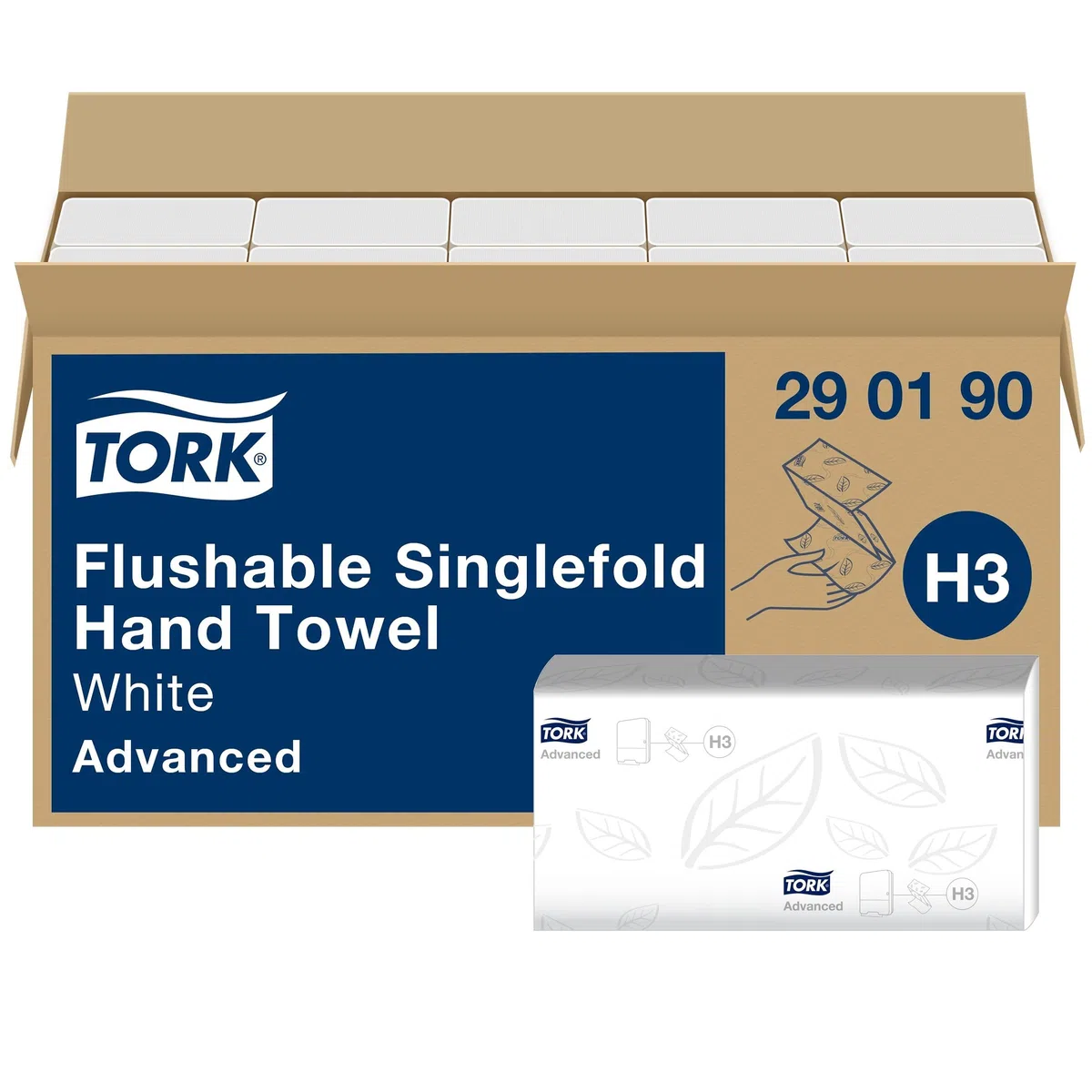 Tork 290190 Asciugamani a piegatura singola e dissolvimento rapido Advanced, compatibili con sistema H3, 2 veli, 1 conf. 15 pacchetti x 250 asciugamani, bianco