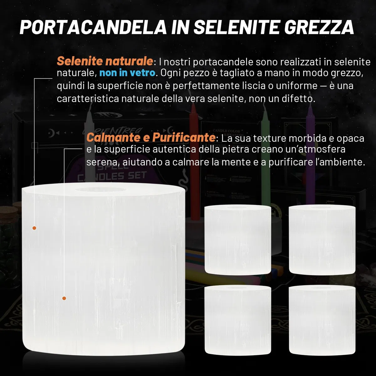 Set di 48 candele magiche con 4 portacandele in selenite su misura – candele colorate per stregoneria, rituali, meditazione, altare – Stabilità garantita, combustione sicura