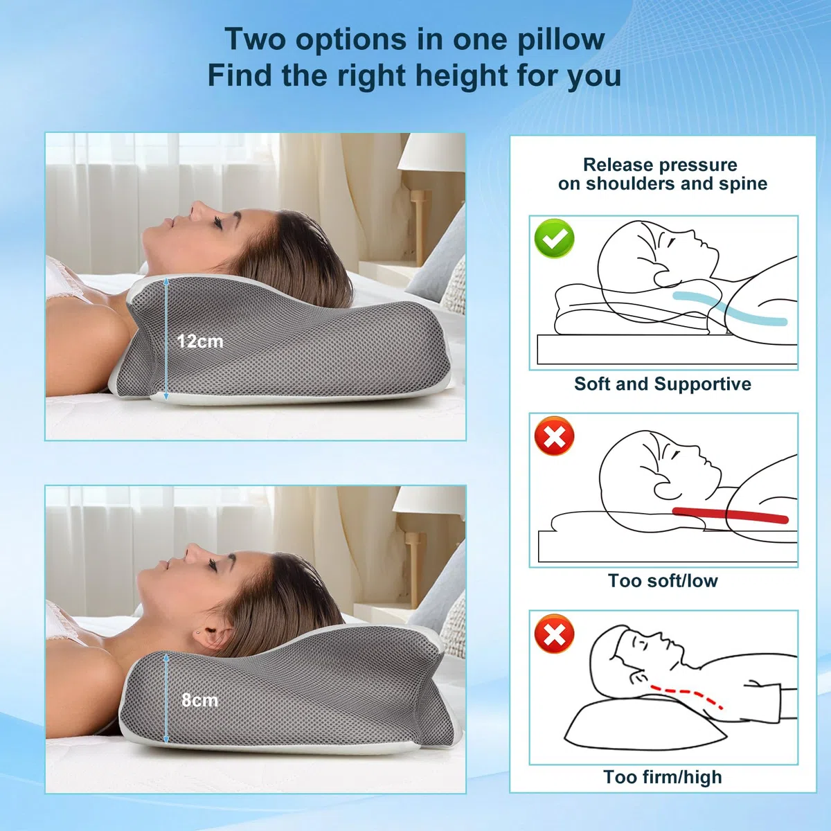 Cozary Cuscino Memory Foam Cervicale Per Dormire Cuscino Ortopedico Regolabile in due altezze Federa Sfoderabile e Lavabile Grigio Adatto a tutti i tipi di sonno 62X37X8/12cm