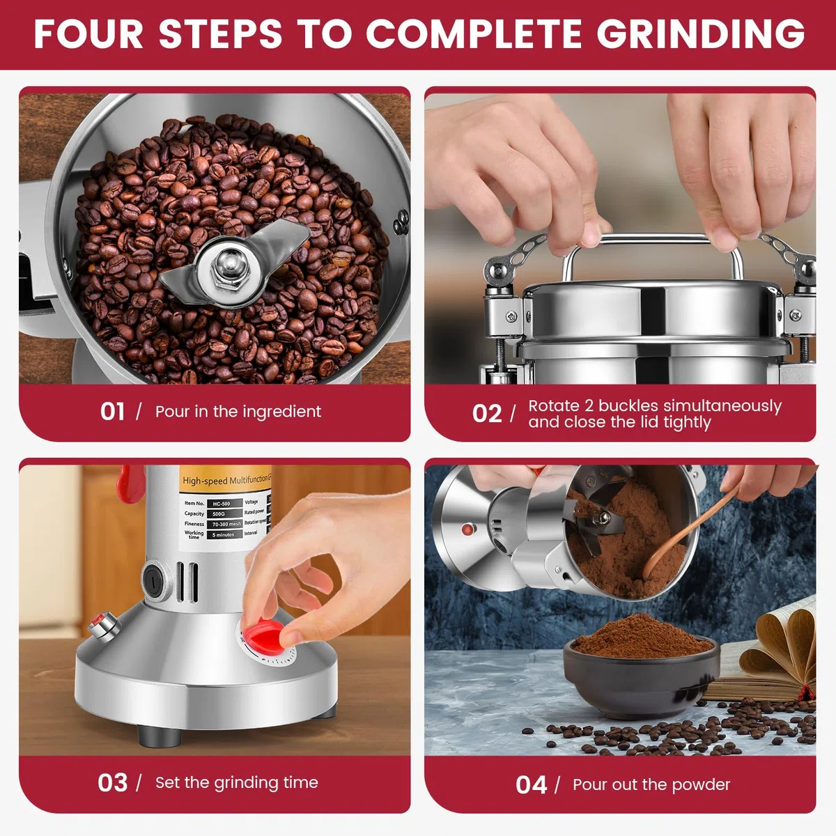 Mulino per Cereali 500g, Trita Pietre ad Alta Velocità 220V, Portable Grinder Elettrico per Farina di Erbe con 3 Lame, per Erbe/Spezie/Noci/Cereali Casa con Protezione da Sovraccarico