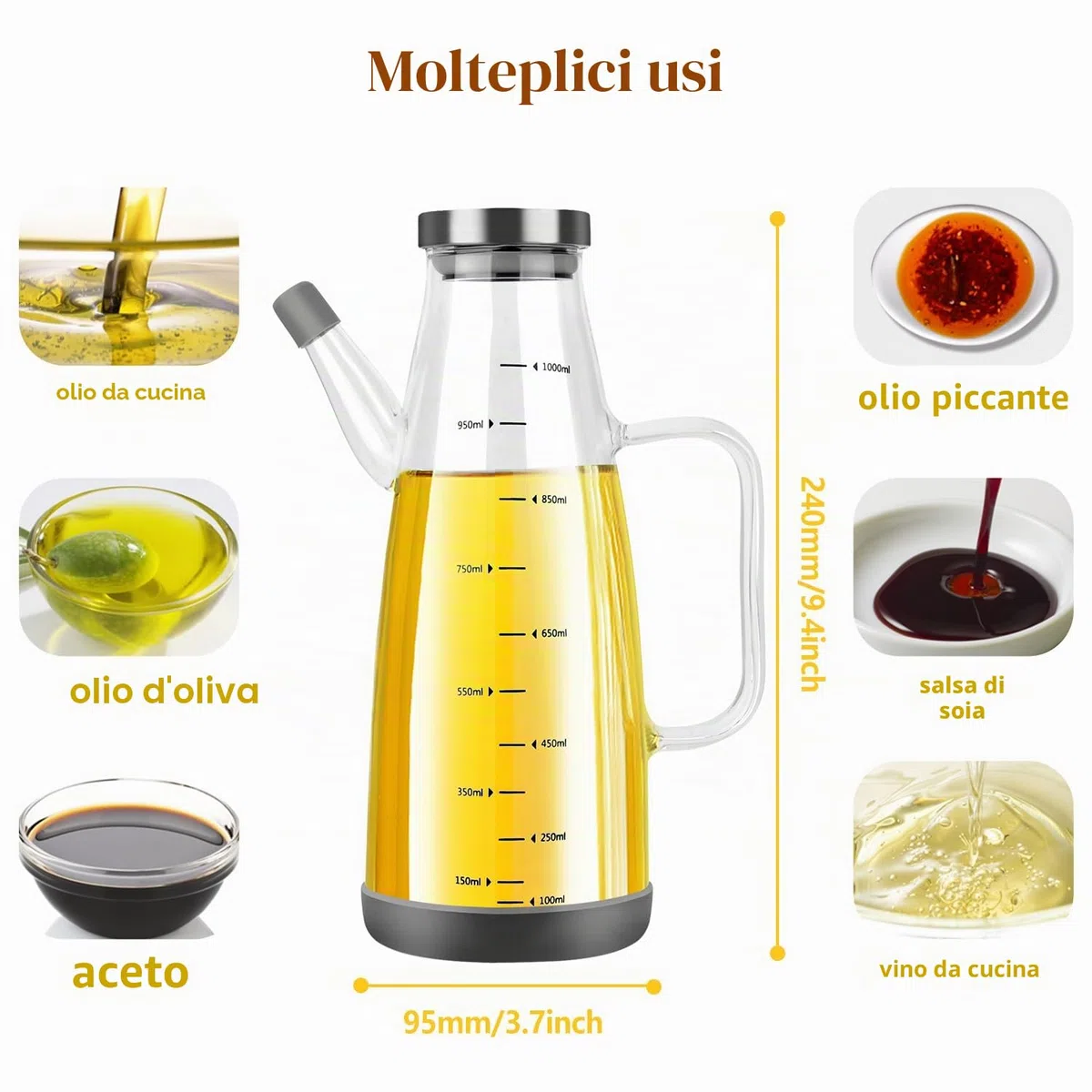 Bottiglia Olio,Vetro Dispenser Olio con Silicone Base,1L Vuota Aceto Bottiglia Olio Oliva para Cucina