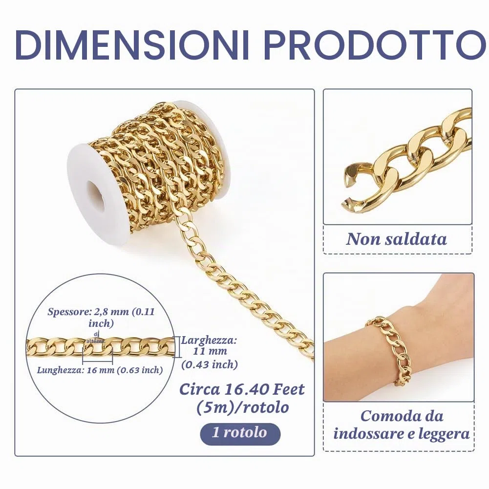 Catene a maglia barbazzale in alluminio, 5 m, dorate, grosse catene, 16 x 11 x 2,8 mm, per la creazione di gioielli