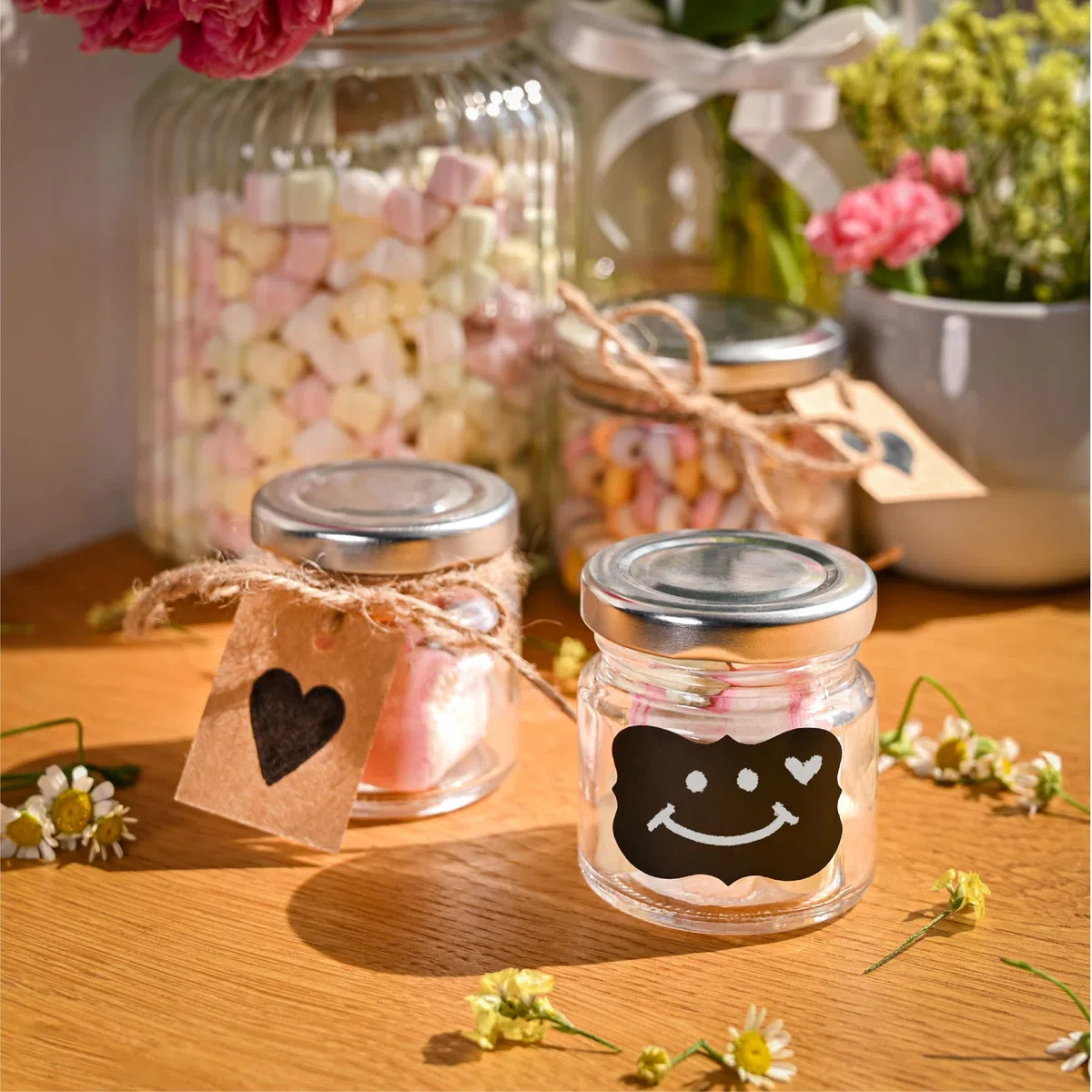Praknu 24 Vasetti di Vetro Piccoli da 50 ml - Con Etichette e Pennarello - Ermetici - Lavabili in Lavastoviglie - Ideali da Regalare