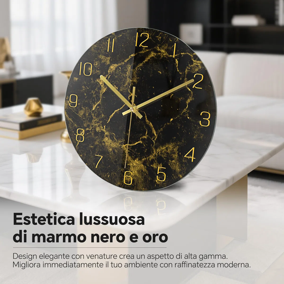 VIKMARI Orologio da Parete Moderno con Texture Marmorea Nero Oro da 30 cm Silenzioso Non Ticchettante a Batteria Orologi a Quarzo Decorazione Rustica per Cucina Camera da Letto Salotto e Ufficio