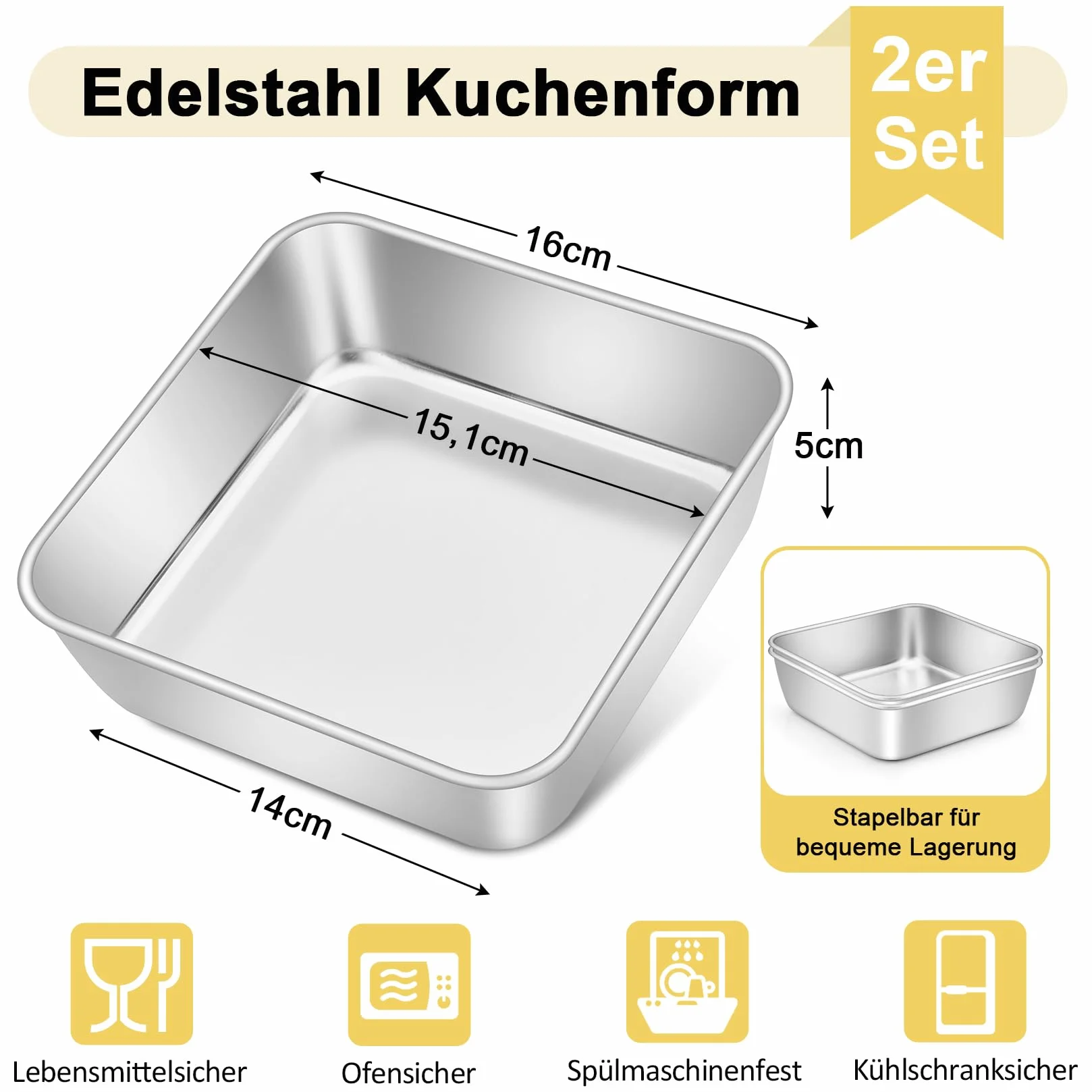 Set di 2 stampi quadrati per torte, in acciaio inox, perfetti per torte, brownie, lasagne, sani e lavabili in lavastoviglie, 15 x 15 x 5 cm