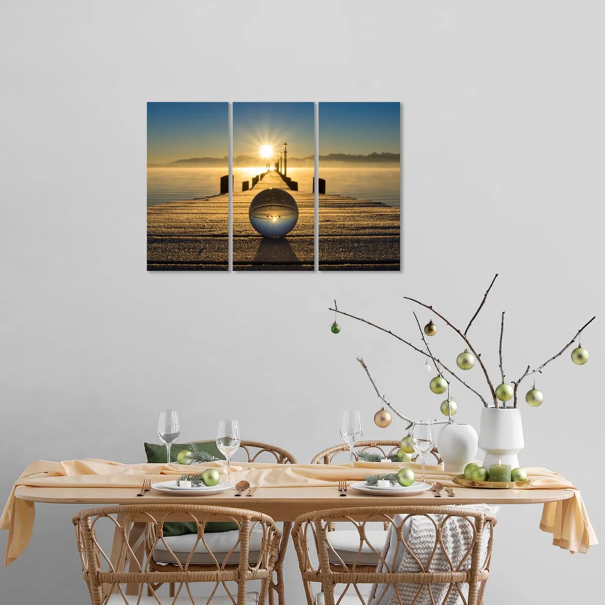 AREDE Set di 3 Stampe da Parete Quadri Moderni Decorazioni da Muro per Casa Soggiorno Camera da Letto e Cucina Alba e sfera di vetro| 90 x 60 cm | Pronto da appendere