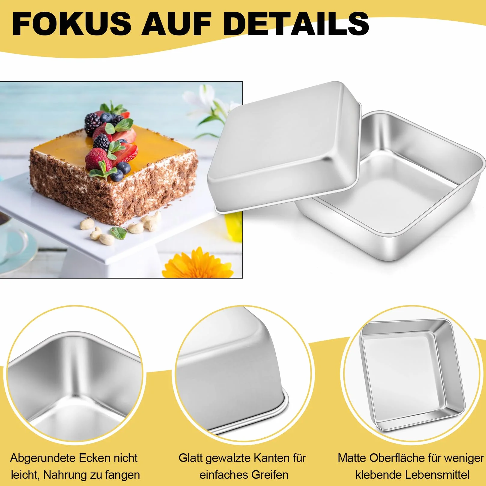 Set di 2 stampi quadrati per torte, in acciaio inox, perfetti per torte, brownie, lasagne, sani e lavabili in lavastoviglie, 15 x 15 x 5 cm