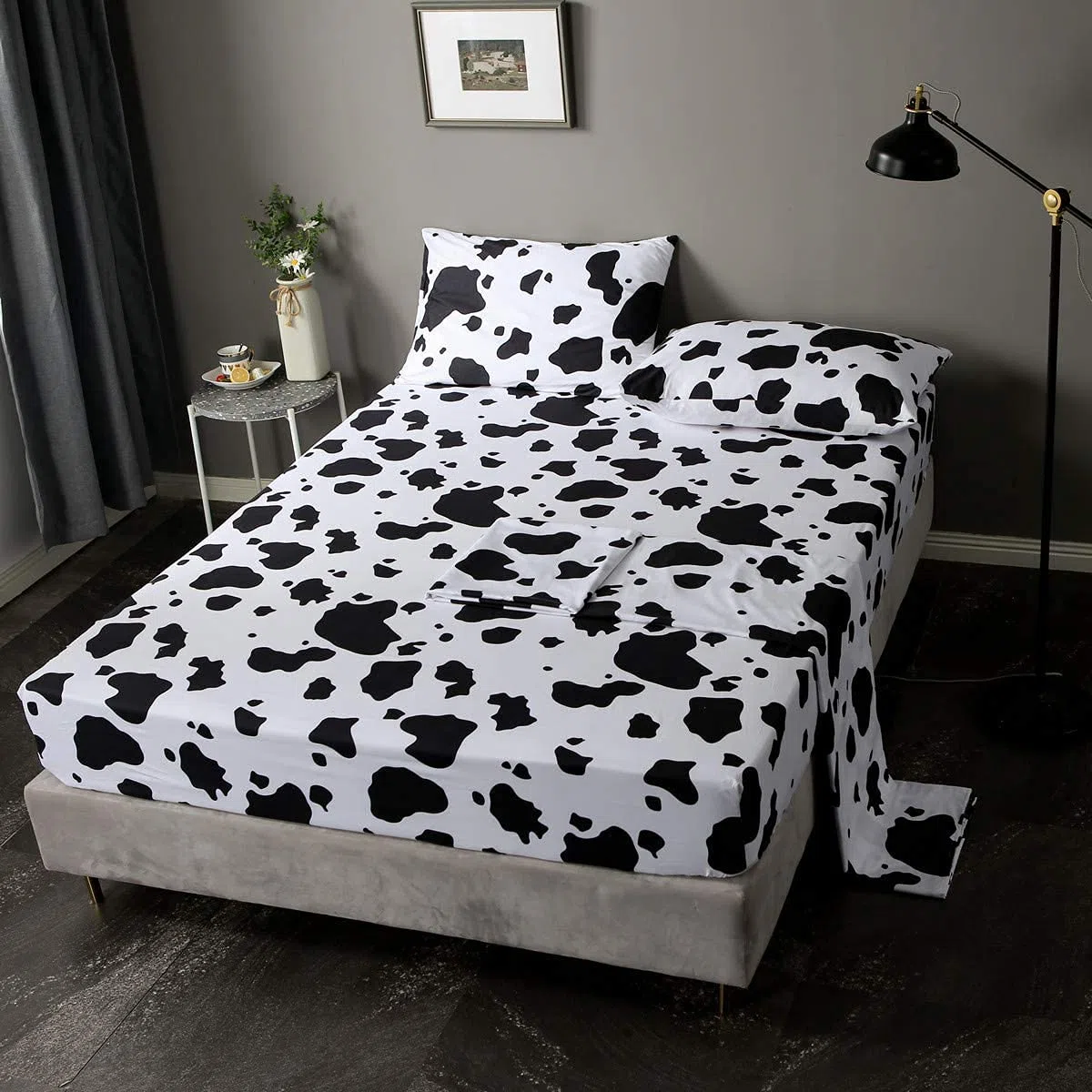 Set di lenzuola per letto singolo, 3 pezzi, nero, bianco, latte, mucca, animali + lenzuolo con angoli con tasca profonda + lenzuolo con angoli + 1 federa per cuscino a quadri per bambini e ragazze
