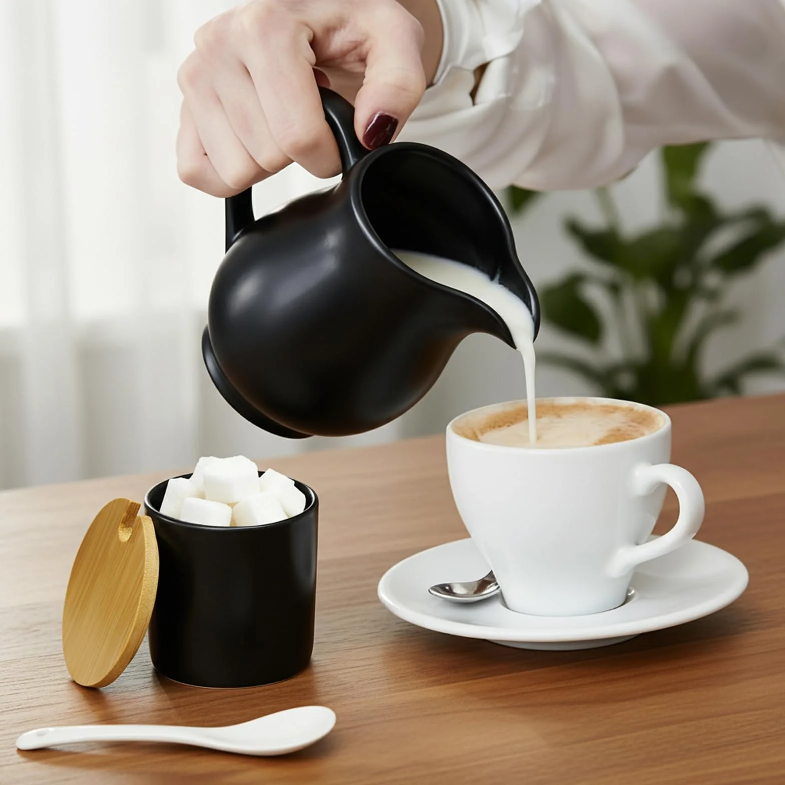 Set di latte e zucchero con coperchio e cucchiaio, bricco per latte in ceramica e zuccheriera con vassoio in legno, set per caffè, latte e latte lavabile in lavastoviglie (nero)