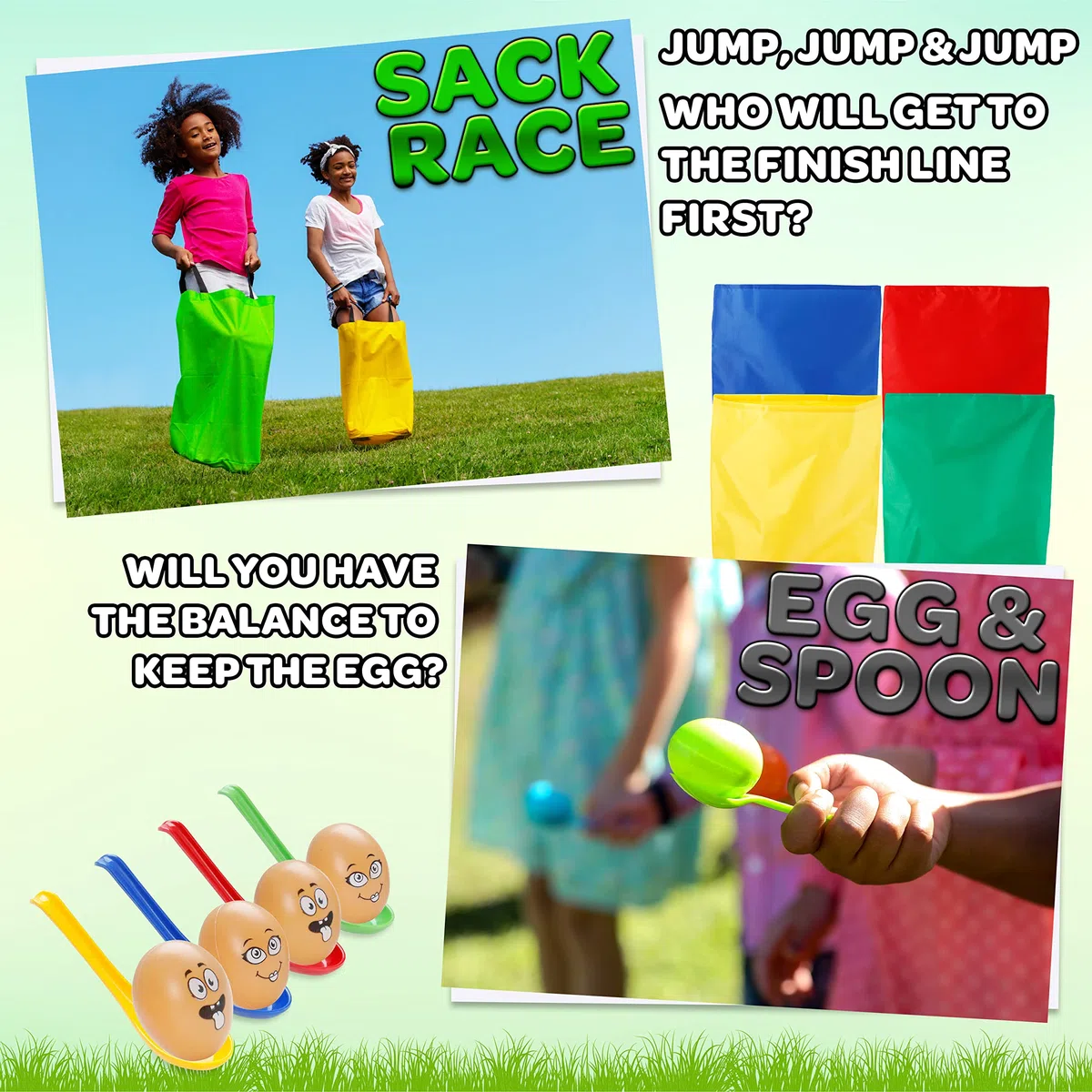 Set di Giochi da Giardino 6 in 1 o 3 in 1 Giochi per Feste di Compleanno Bambini Gioco da Esterno di Gruppo All'Aperto Kit di Psicomotricità Corsa con i Sacchi, Uovo e Cucchiaio