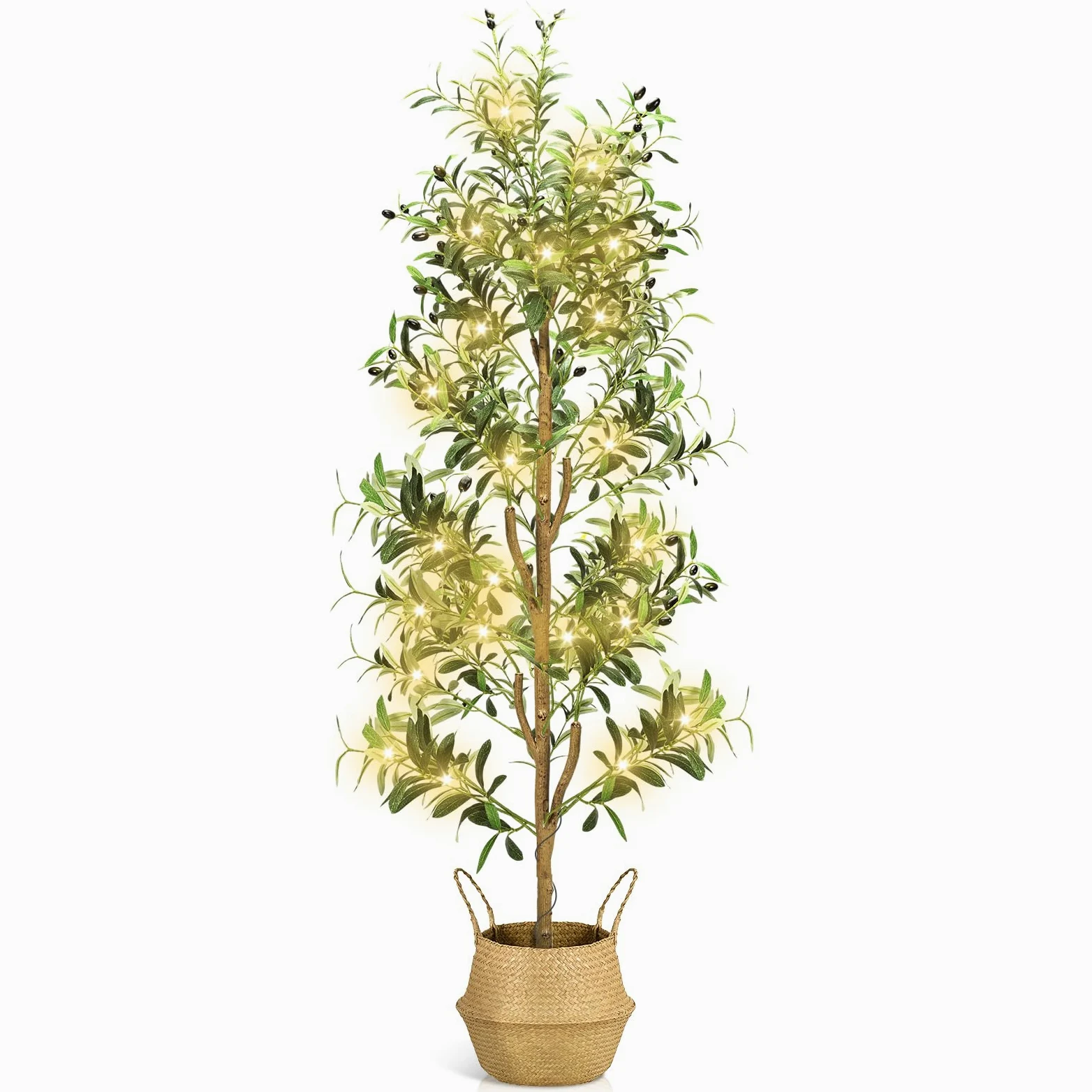 NZQXJXZ Albero di Olive Artificiale 180 cm con Luci, Pianta Artificiale da Interno con Vaso e Cesto, Piante Artificiali con Tronco Naturale e Frutti Realistici per Casa Ufficio