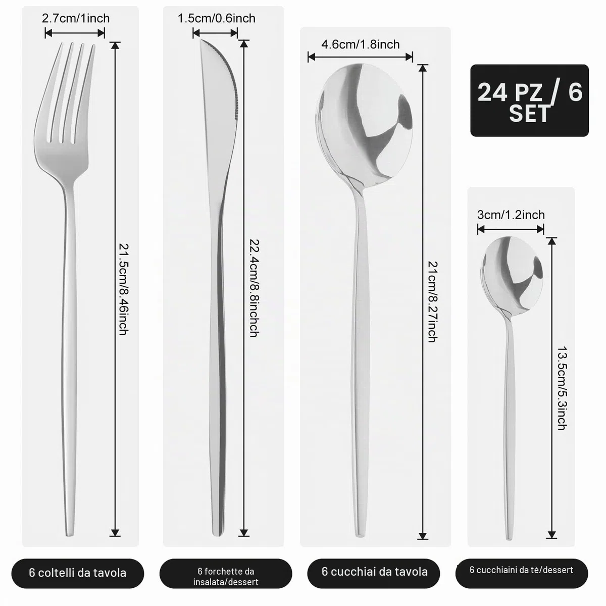 24 Pezzi Set Posate Acciaio Inox 6 Persone con Forchette Cucchiaini Caffe Cucchiaio Lavabili In Lavastoviglie Lucidate a Specchio | Argento