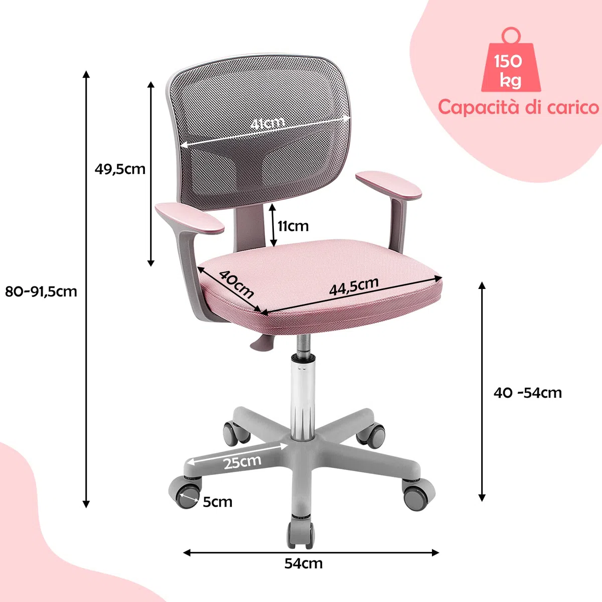 COSTWAY Sedia per Scrivania per Bambini, Sedia per Computer con Altezza Regolabile, Ruote, Sedile Girevole a Rete, Mobile Ergonomica per Bambini 3-10 Anni 3-10 Anni (Rosa)
