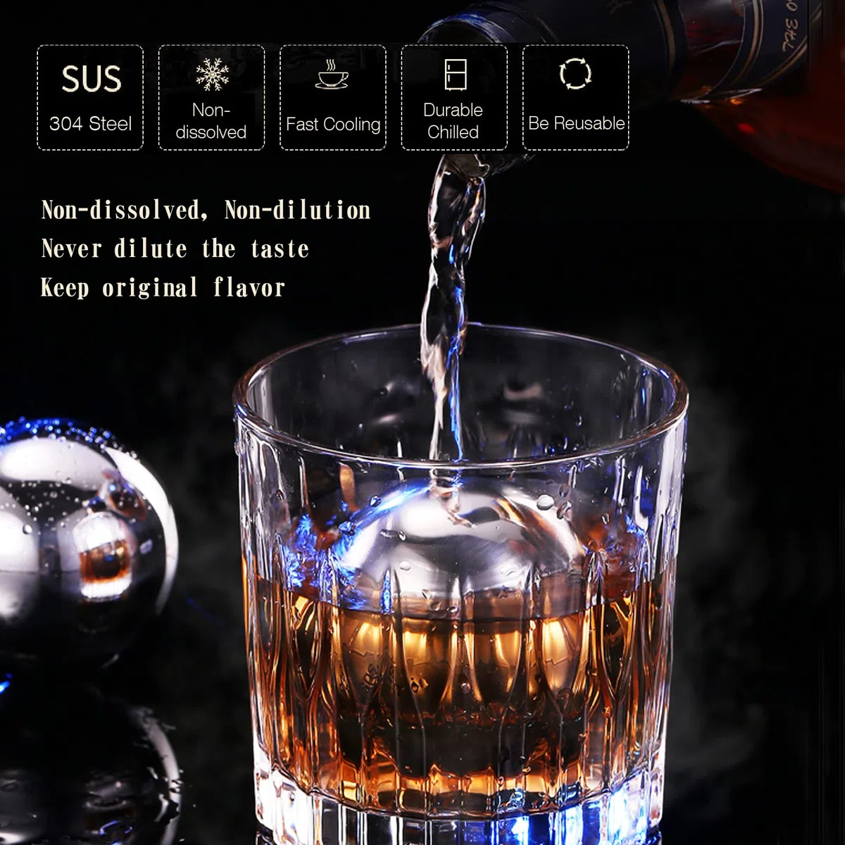 Cubetti di Ghiaccio Riutilizzabili - Cubetti Ghiaccio Acciaio Inox Riutilizzabile, Pietre per Whisky Ice Cubes, Regali Regalo per il Giorno Del Padre per Uomini Mariti （4 XL Sfere ）