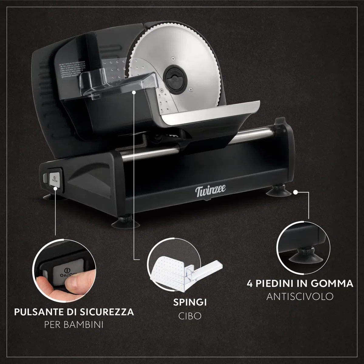 Twinzee Affettatrice Elettrica da Casa 150W Nera - 2 Lame, Spessore 0-15mm - Affettatrice Professionale per Salumi, Carne e Pane