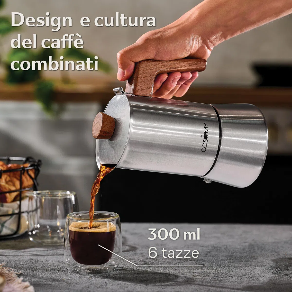 Cosumy Caffettiera Induzione Moka 300ml - Tutti gli tipi di fornelli - 6 Tazze - in Acciaio Inox e Quercia Sostenibile - Manico Anti Scottatura - Express Caffettiera