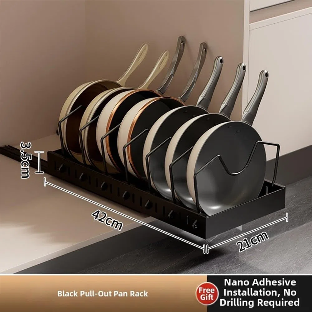 Scaffale scorrevole estraibile per mobili da cucina, progettato per contenere pentole, padelle, coperchi e set di piatti (B nero)