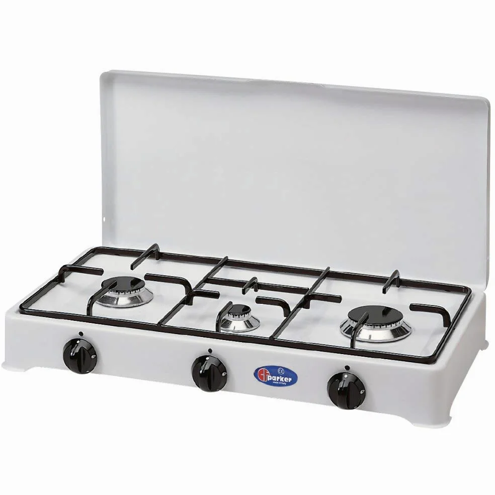 Parker FORNELLO da Tavolo Bianco A Tre 3 FUOCHI Alimentazione METANO per Uso Esterno - Made in Italy 5328CBGPm