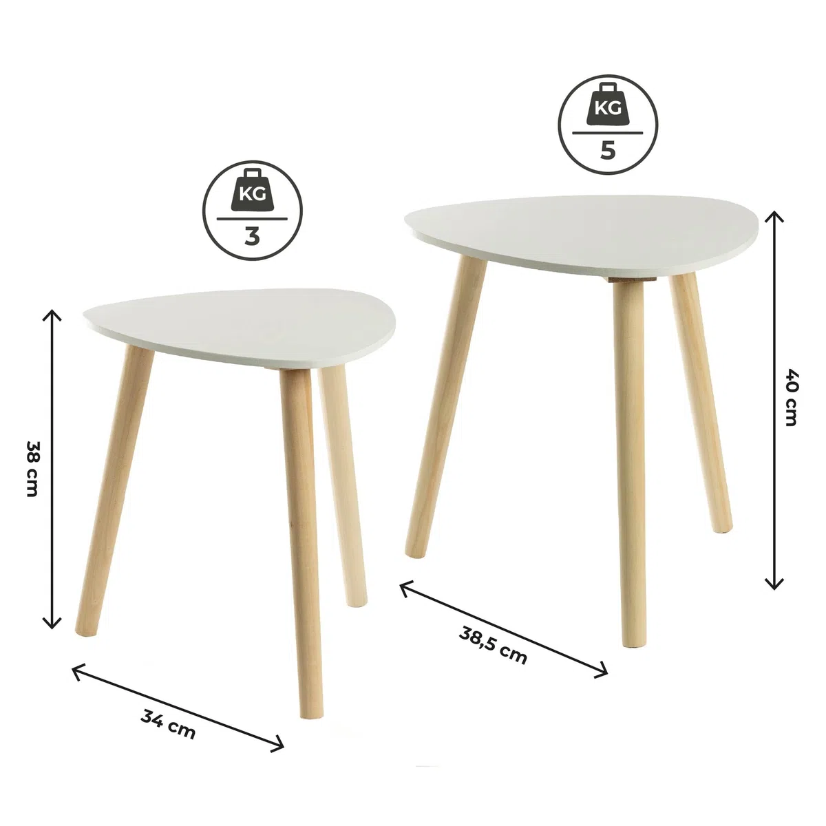 IlGruppone Set di 2 Tavolini da caffè Moderni Tavolini Sovrapponibili per Salotto con Gambe in Legno di Pino e Ripiano in MDF Bianco Design Scandinavo, Facile da Montare