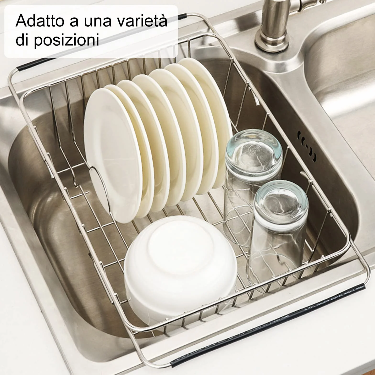 Toplife Cestello per Scolapiatti da Lavello in Acciaio, Scolapiatti da Appoggio Regolabile, Cestello Estensibile per Stoviglie per Frutta e Verdura Scodelle Ciotole Piatti e Utensili da Cucina