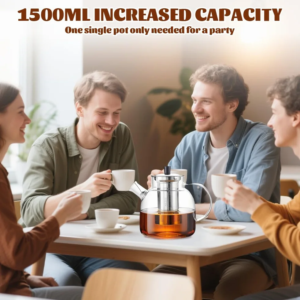 Teiera in vetro da 1,8 litri con fornello, teiera in vetro con colino, teiera con colino per tè sfuso, senza BPA, microonde e lavabile in lavastoviglie