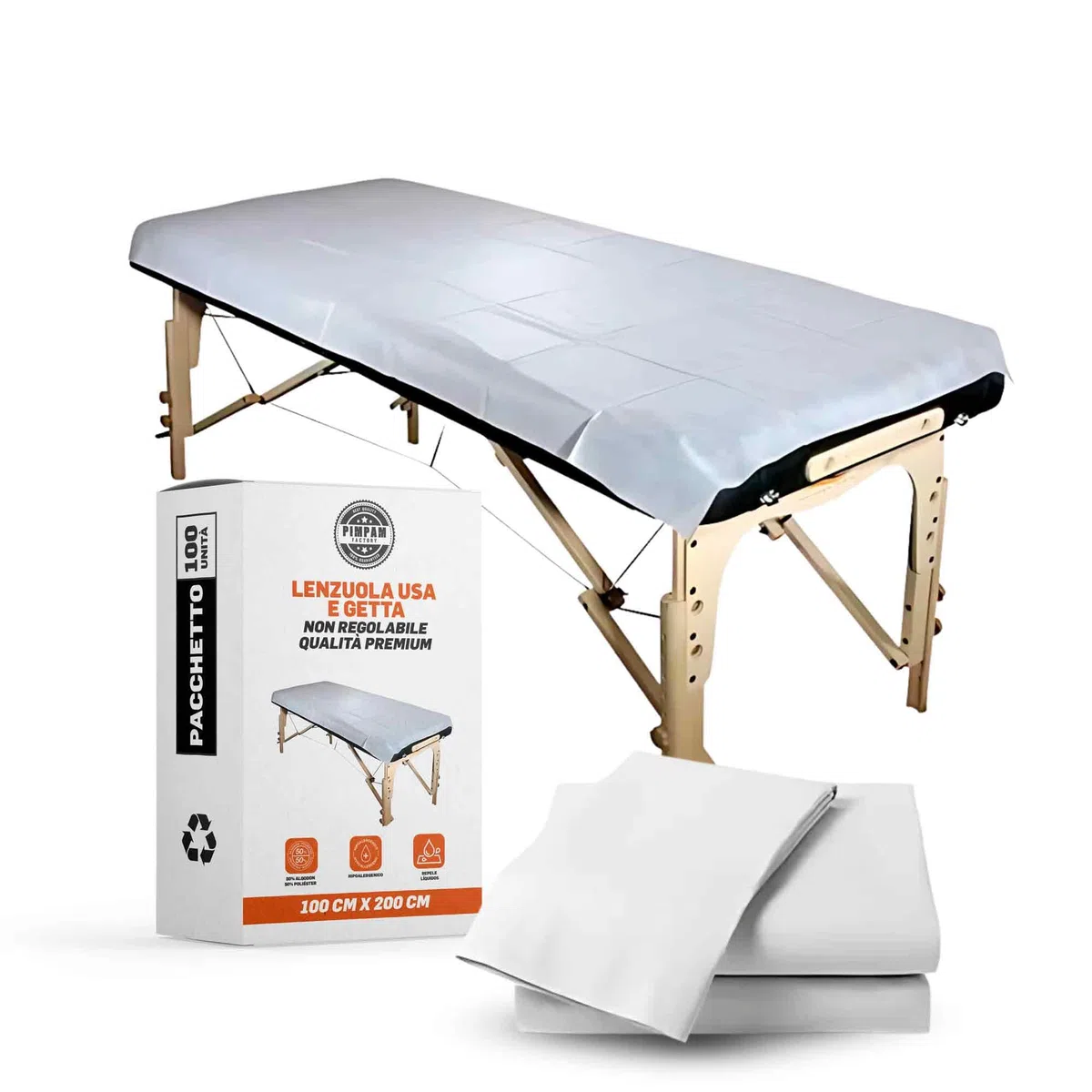 PimPam Factory - Lenzuola Usa E Getta No Regolabile - 100x200cm - (Paquet da 100) - Realizzato In Materiale SMS - Copri Lettino Da Massaggio Ipoallergenico Respinge i liquidi - Coprilettino Estetico