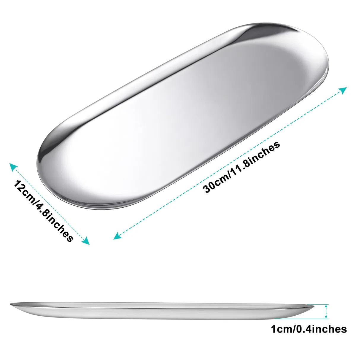 Vassoio ovale in acciaio inossidabile, per gioielli e profumi, accessorio da bagno, vassoio decorativo per tavolino, decorazione per candele e vassoi, lunghezza 30 cm, larghezza 12 cm,