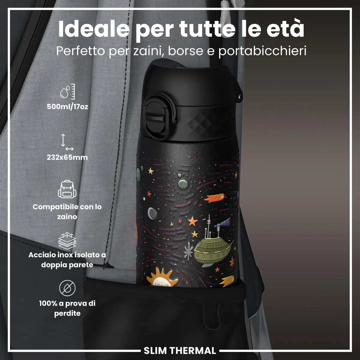 Ion8 Borraccia Termica in Acciaio Isolato, 500ml, a Prova di Perdite, Facile da Aprire, Serratura Sicura, Lavabile in Lavastoviglie, Maniglia per il Trasporto, Facile Pulizia, Durevole,Astronavi
