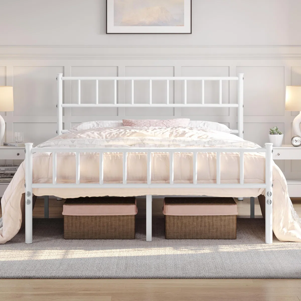 Yaheetech Struttura Letto Matrimoniale in Ferro Battuto a Doghe in Metallo 160 x 200 cm Testiera Semplice Bianco