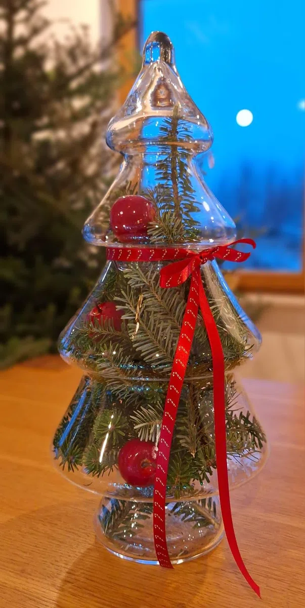 Albero di Natale in vetro decorato AzaliaDesign H-40 cm da riempire e decorare da soli - Barattolo in vetro per dolci, albero decorativo DIY, decorazione natalizia festiva per la casa