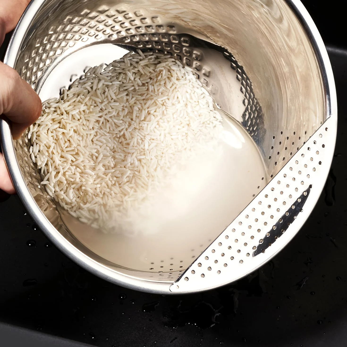 Reishunger Ciotola per bucato in acciaio inox (melanzana) – Colino per lavare riso e verdure – Con base in silicone antiscivolo