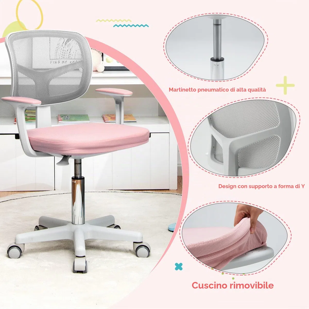 LIFEZEAL Sedia Scrivania Bambini, Sedia Girevole, Altezza Regolabile e Ergonomico, per Bambini, da Cameretta, con Braccioli, Schienale e Sediolina Imbottita, per Bimbo 3 Anni+, Max150kg, Rosa