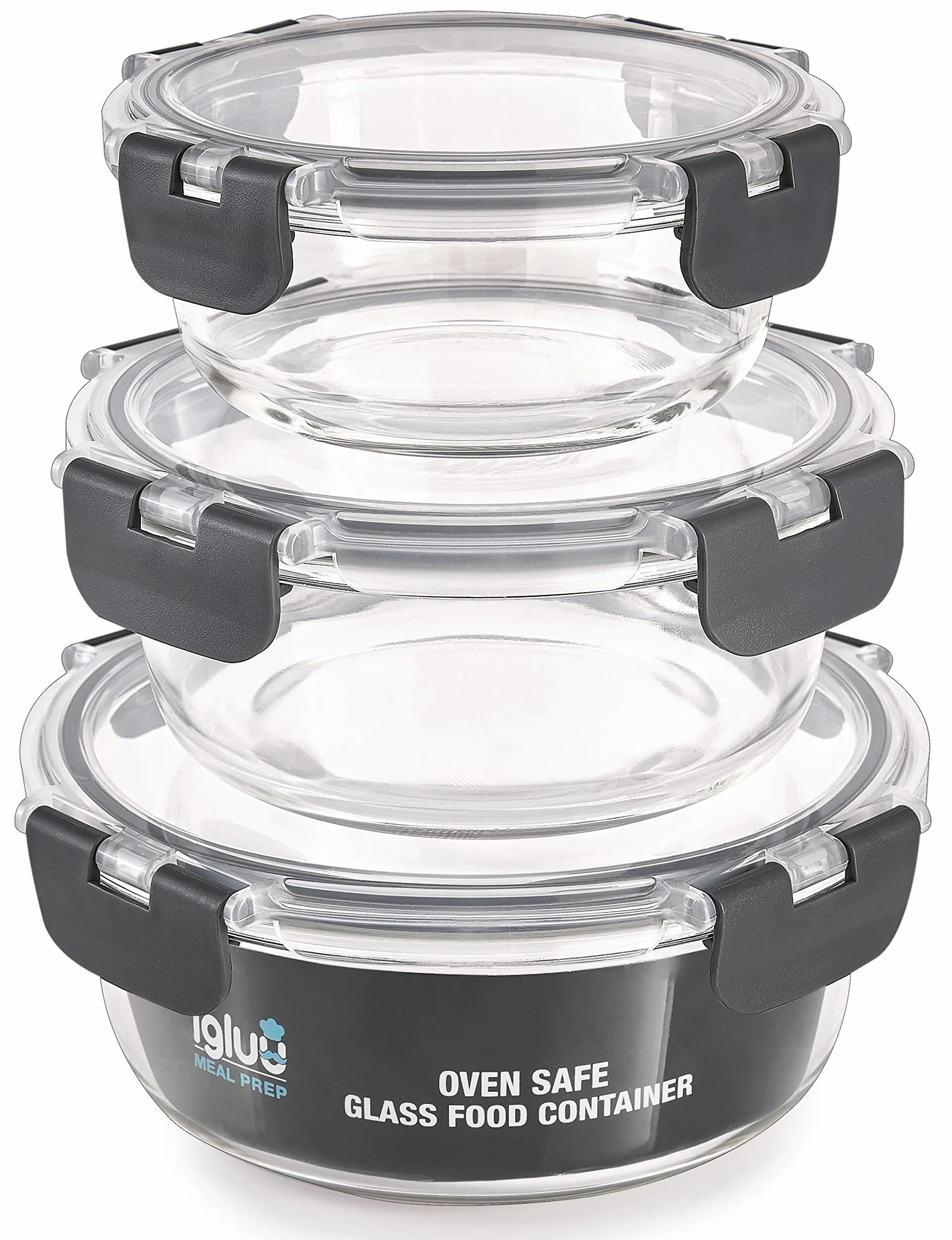 Igluu Meal Prep Contenitori Ermetici per Alimenti in Vetro Tondi con Coperchi (Set da 3) – Senza BPA – Forno, Microonde, Freezer e Lavastoviglie – 400 ml, 650 ml, 950 ml – Vetro Borosilicato