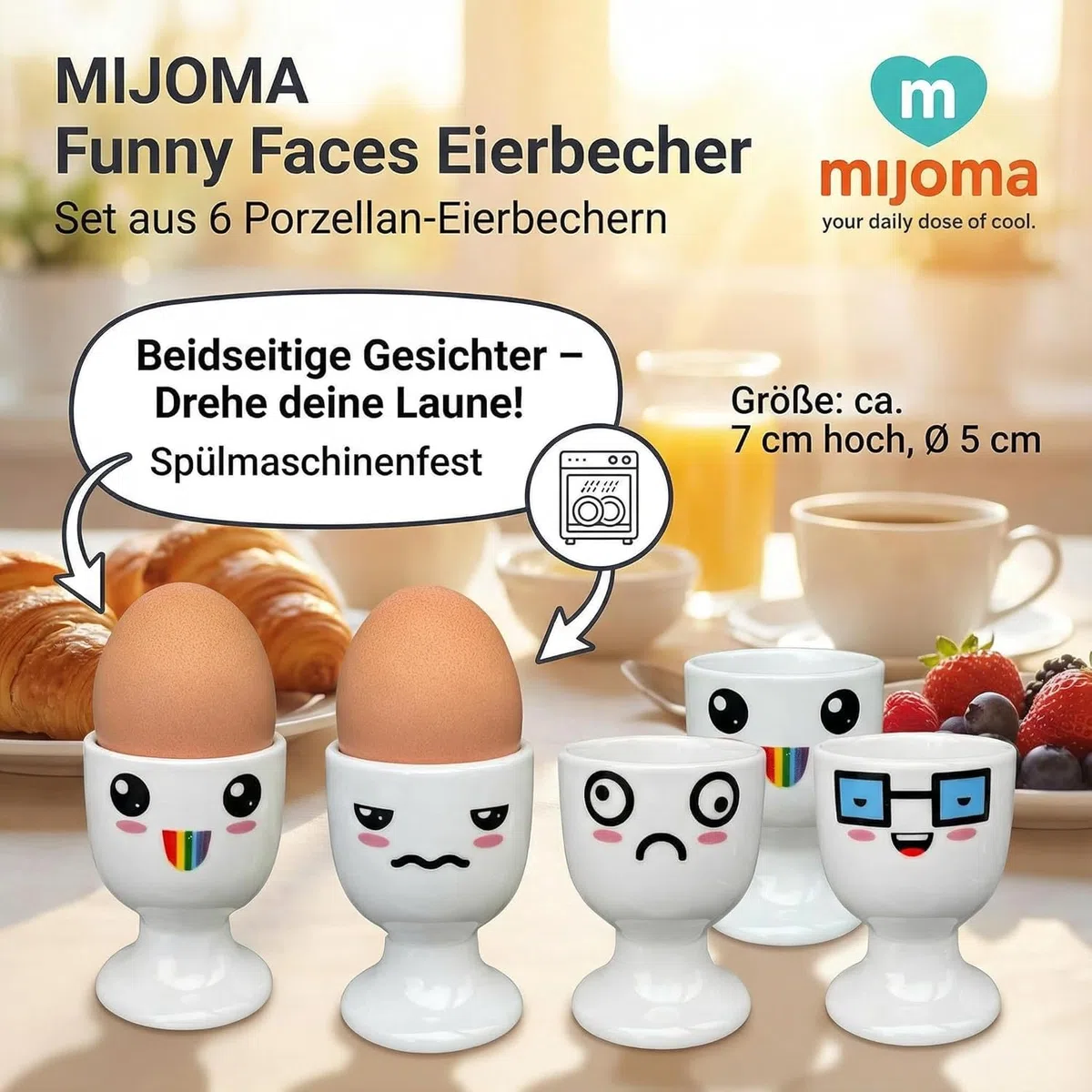 MIJOMA Set di 6 portauova, portauova, bianco con facce, decorazione #3, in porcellana, 6,5 x 5 cm