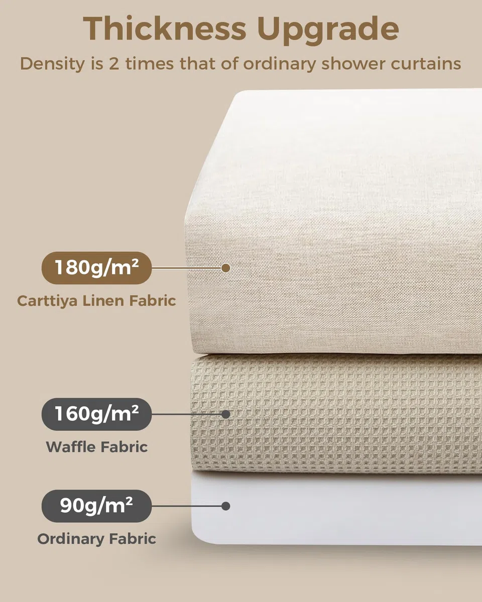 Tenda da Doccia in Lino Beige 180x200 cm – Impermeabile, Antimuffa e Antibatterica, Tessuto Pesante 180GSM con Orlo Zavorrato, Lavabile Tenda da doccia, con 12 Ganci per Bagno