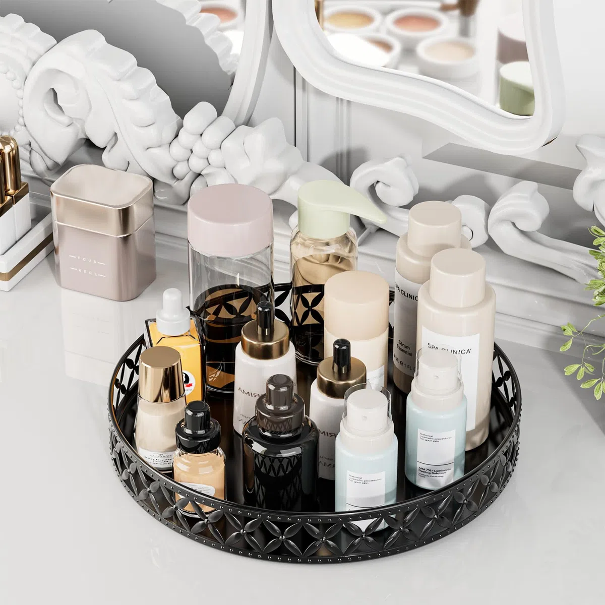 EKNITEY Bandeja para balcão de banheiro – Bandeja decorativa preta de 28 cm, bandeja organizadora para perfumes, cosméticos, joias, maquiagem