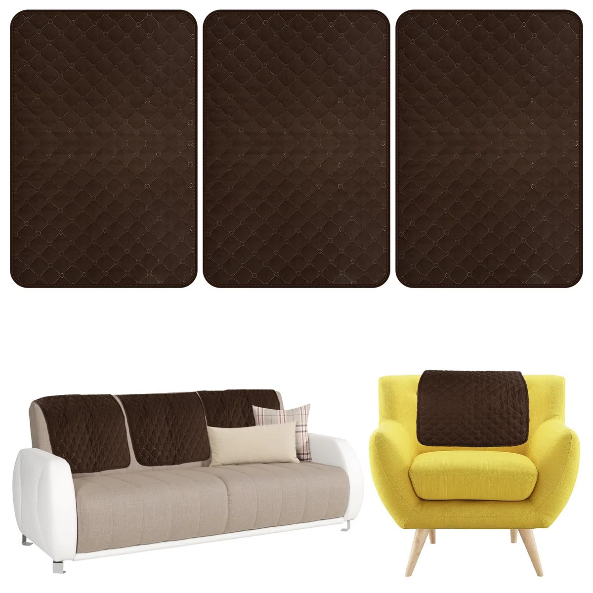 3pcs divano copertura poggiatesta in poliestere Copridivano, Copridivano con Penisola, 57x38cm, Antiscivolo, Antimacchia, Antipelo, Copridivano Moderno, Copridivano Chaise Longue Antigraffio, marrone