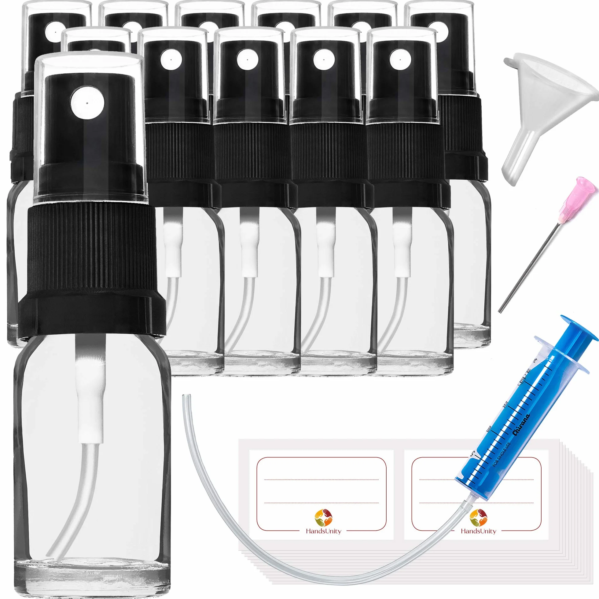 10ml-12pz di Flacone in Vetro per Spruzzatore - set di Flaconi in Vetro Chiaro per Farmacia con Flacone Spray in Vetro Atomizzatore Nero in Vetro Trasparente con 29 Accessori ausiliari