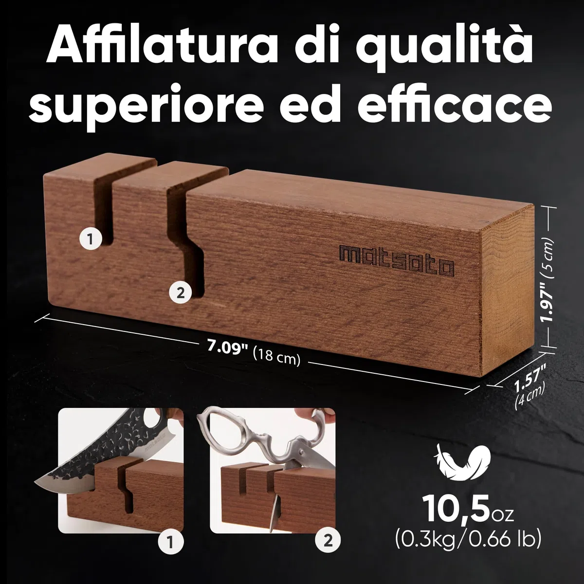 Matsato Affilacoltelli Professionale 2 in 1 - Affila Coltelli Manuale per Coltelli da Cucina e Forbici - Design in Legno di Faggio con Aste in Ceramica