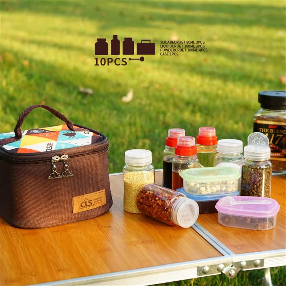Set di 10 barattoli per spezie, sale, zucchero, pepe, con coperchio rotante e sacchetto di imballaggio, per cucina e barbecue