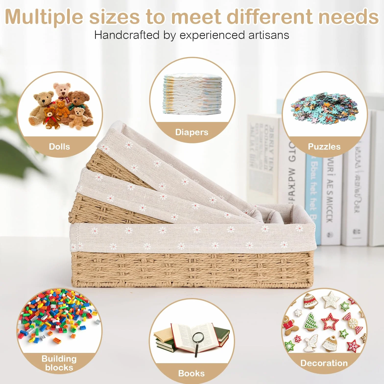 FoiiLiio Cestino Portaoggetti, Set di 3 Cestino Portaoggetti e Porta Giocattoli, Cesto in Corda di Carta, cestini portaoggetti Bagno Bambini per Camerette, Bagno, Cassetti, Cucine, Soggiorno (Beige)