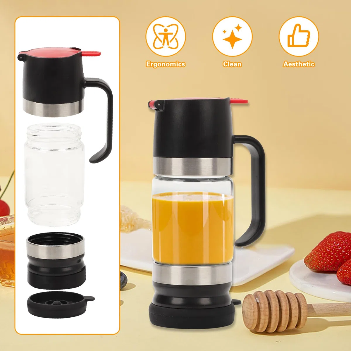 Qivine 315ML Dosatore Miele, Porta Miele Antigoccia con Premere sul Grilletto, Barattolo di Sciroppo in Vetro Borosilicato, Design Staccabile, per Conservare Sciroppo