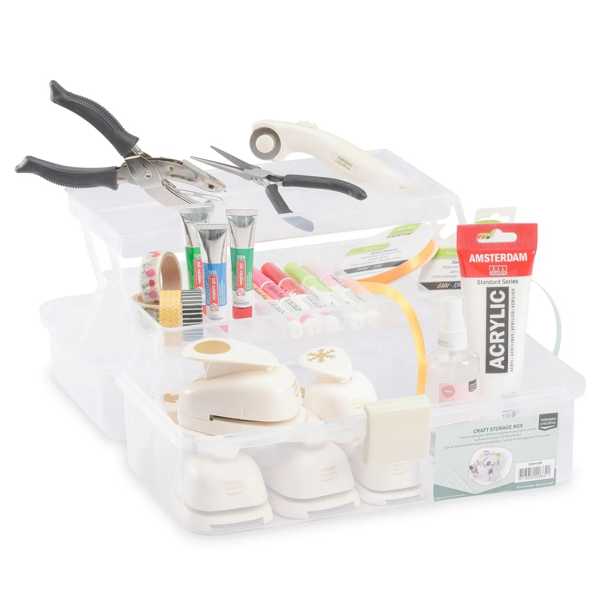 Vaessen Creative 1009-008 portaoggetti con Coperchio e Maniglia, 3 Ripiani, Scatola per Attrezzi, Materiali Fai da Te, Gioielli, Accessori da Cucito o Altri Piccoli Utensili, 31 x 17 x 15 cm
