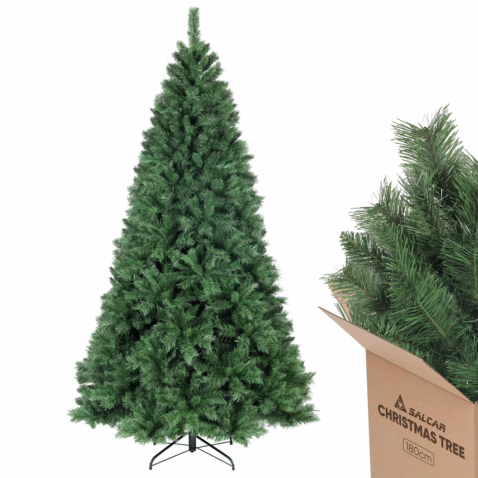 SALCAR Albero di Natale Artificiale 180 cm, Abete di Natale con Guanti e Supporto in Metallo, 580 Punte per Rami, Montaggio Rapido, Ignifugo