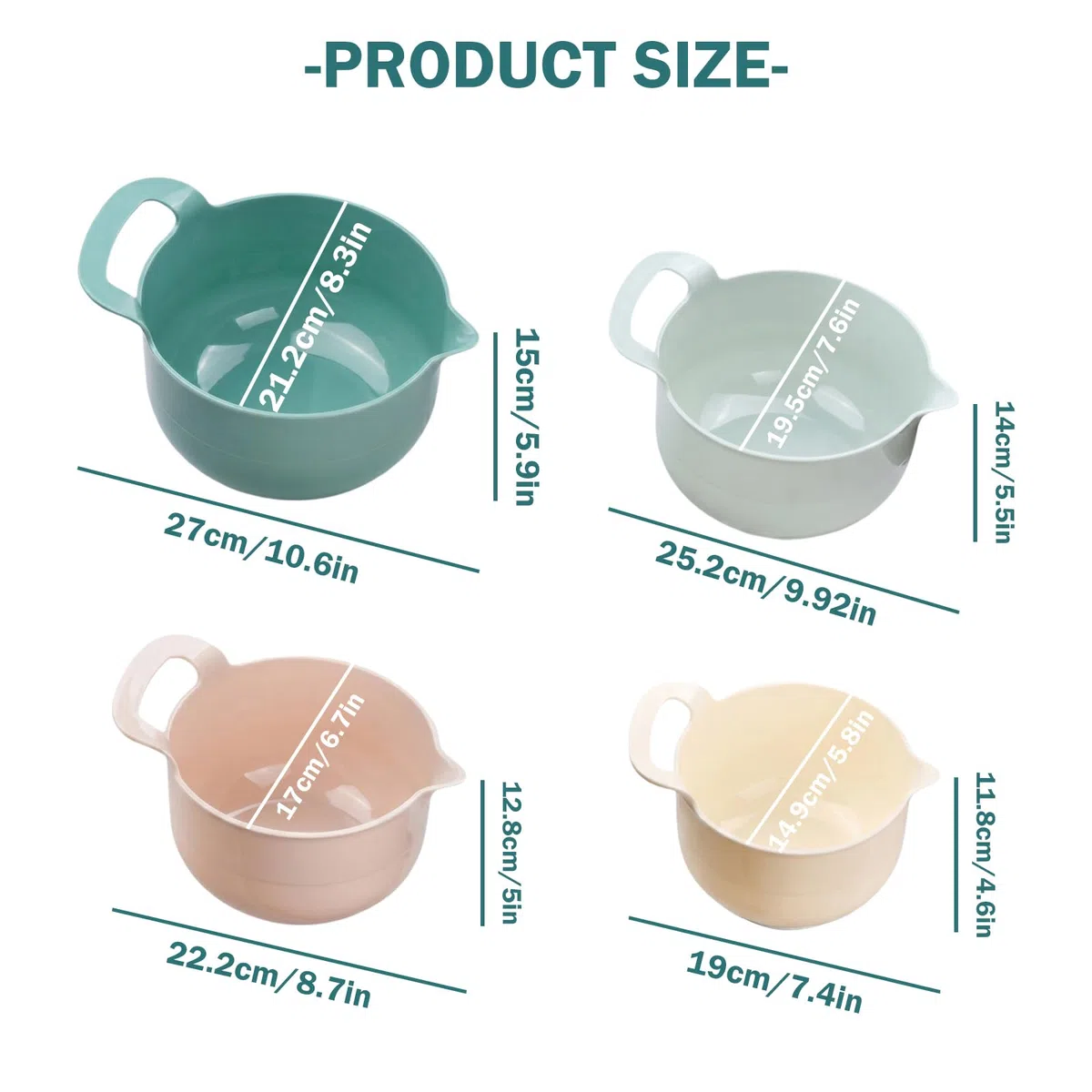 4 Set Ciotole in Plastica, Ciotole per Mescolare Ciotole Plastica, Ciotole Cucina con Beccuccio Fondo Antiscivolo e Manico Impilabili Lavabili in Lavastoviglie