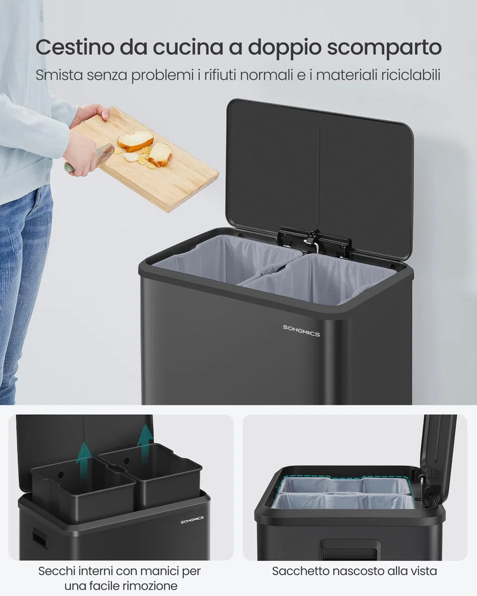SONGMICS Cestino da Cucina, 2 x 30 L, Pattumiera Doppia per Raccolta Differenziata, Secchi Interni, Acciaio, Coperchio a Chiusura Morbida, Pedale Ampio, Nero Inchiostro LTB556B02
