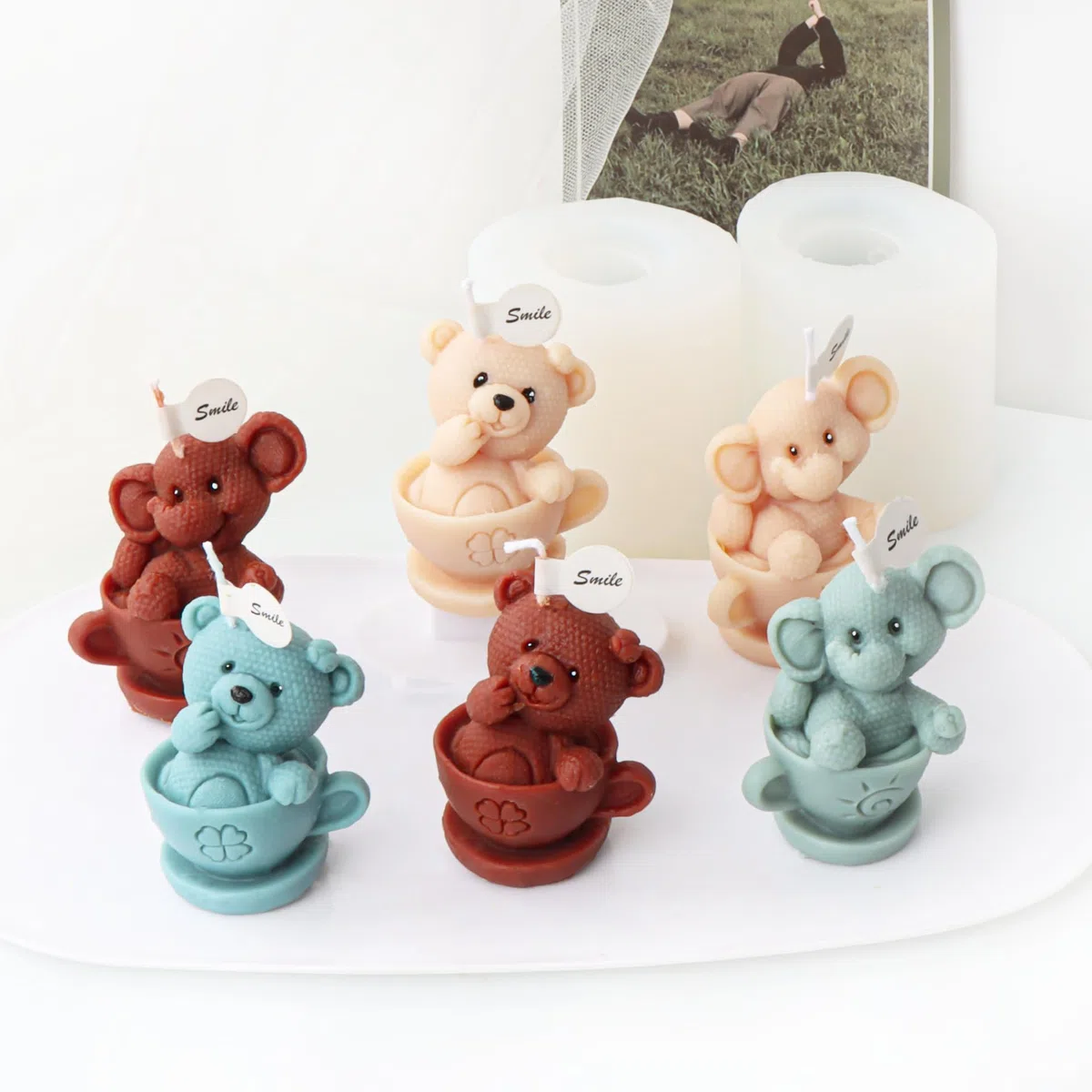 Xidmold 2 pezzi tazza elefante orso candela stampo 3D animale elefante orso stampo in silicone per fondente, cera di soia, sapone, gesso, resina epossidica, artigianato