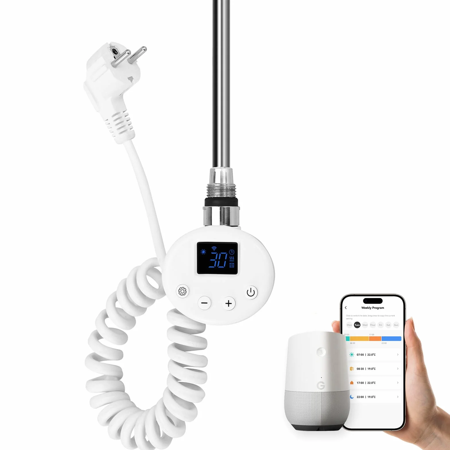 EMKE Barra riscaldante con termostato per termosifoni da bagno, 600 W, cartuccia di riscaldamento intelligente WiFi, in acciaio inox, per radiatore, scaldasalviette, scaldasalviette, elettrico, bianco