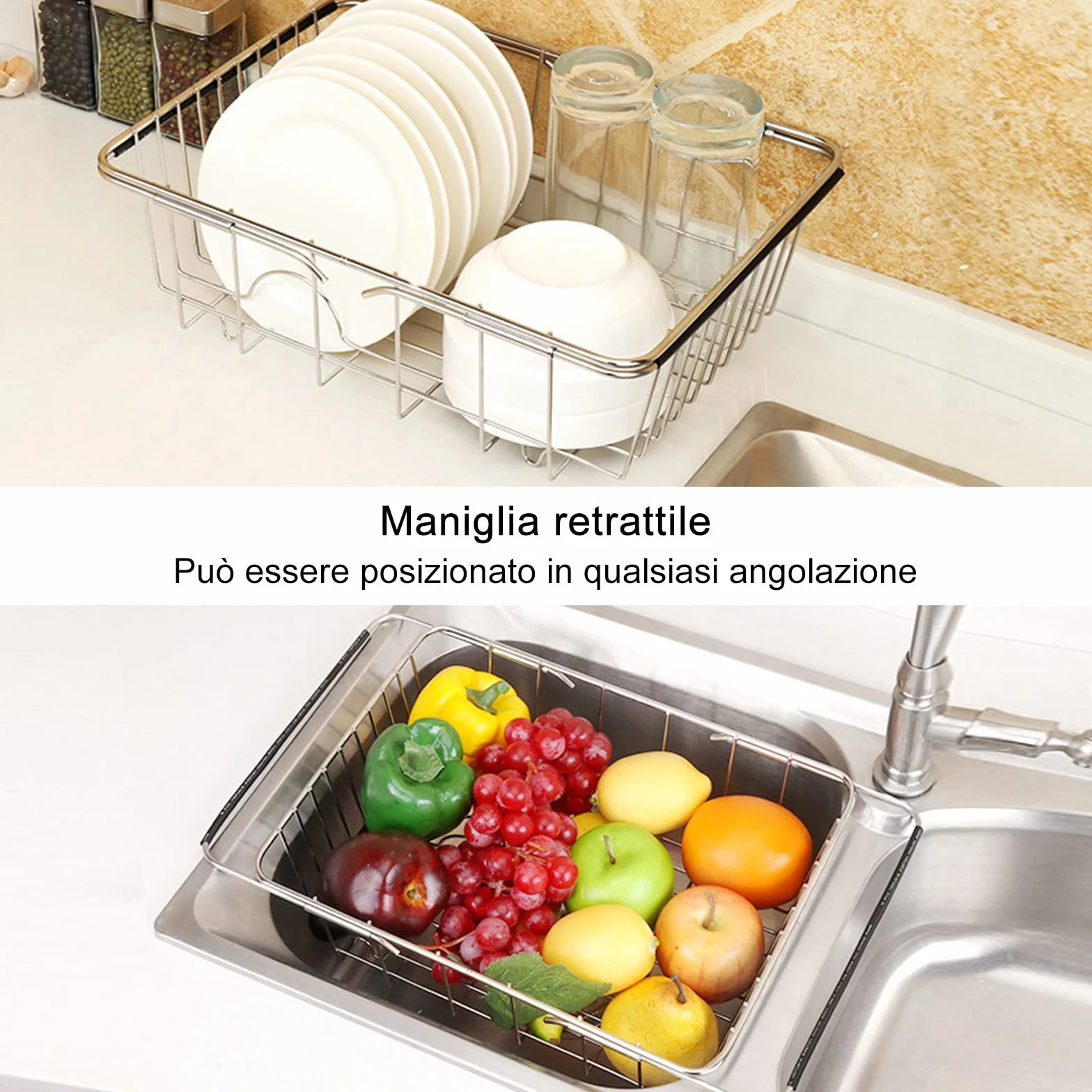Toplife Cestello per Scolapiatti da Lavello in Acciaio, Scolapiatti da Appoggio Regolabile, Cestello Estensibile per Stoviglie per Frutta e Verdura Scodelle Ciotole Piatti e Utensili da Cucina
